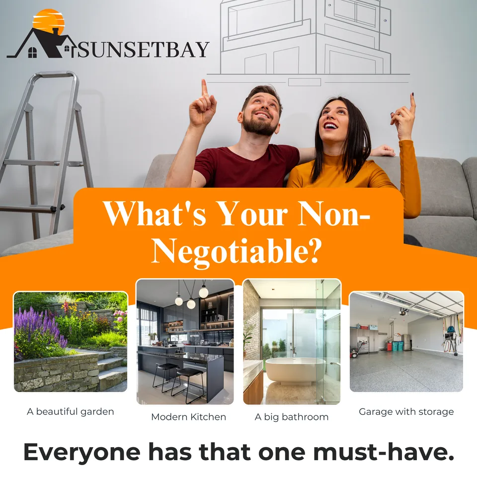 What is your non-negotiable? A couple pointing upwards with photos of a garden, kitchen, bathroom and garage