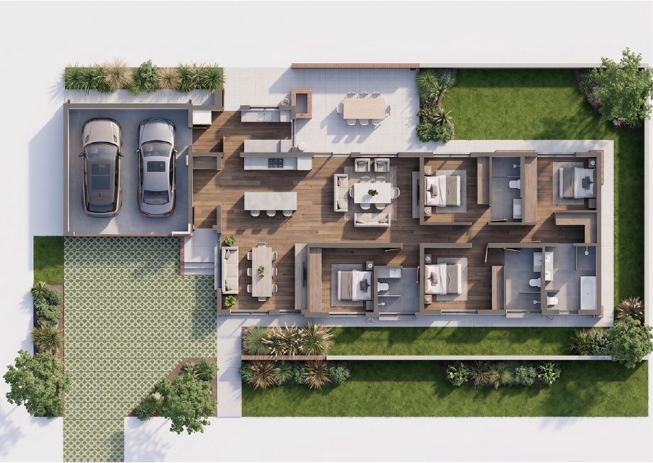 Aerial render of a Vleilands Estate home showing garage, garden and open-plan living areas