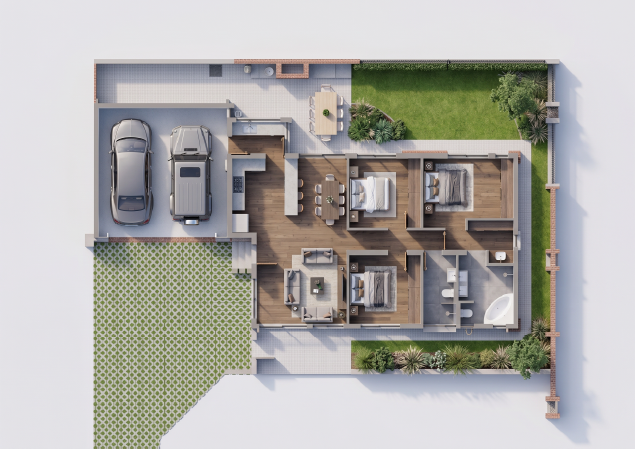Aerial render of a Vleilands Estate home layout with garden and patio