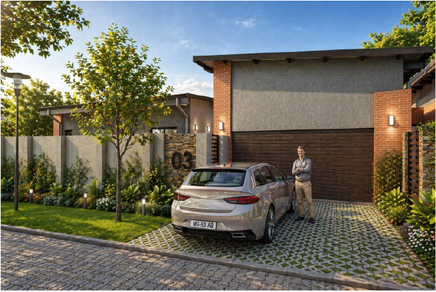 Resident arriving home at a Vleilands Estate house at dusk